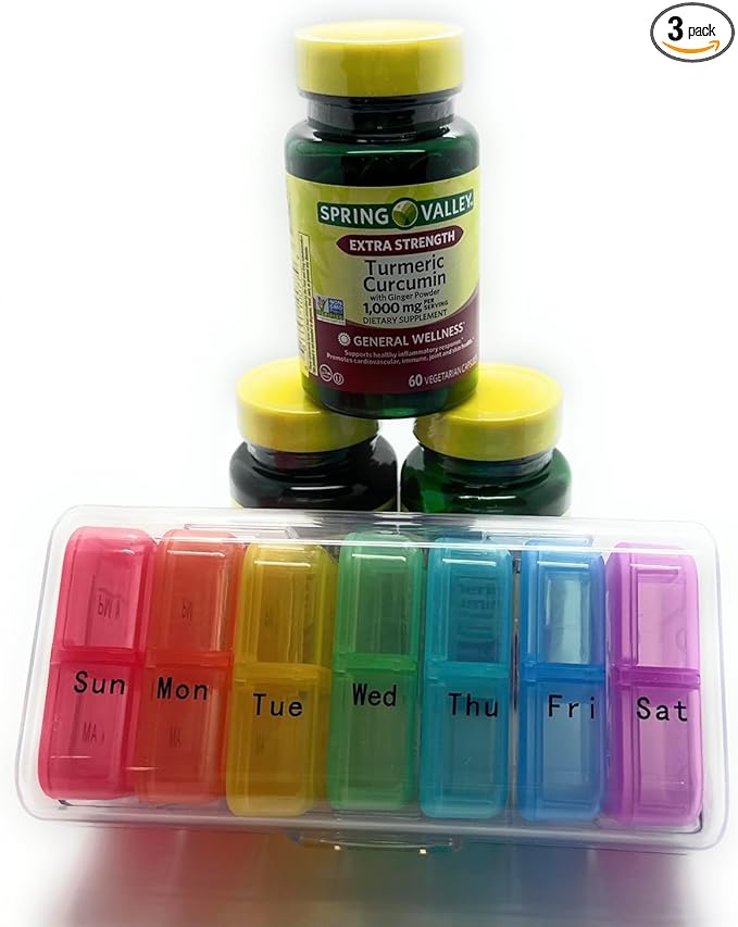 3 Bottles of Spring Valley Turmeric Curcumin W/Ginger Supplement 1000mg 60 Capsules Each Bottle. Plus Bonus 7 Day Pill Case.