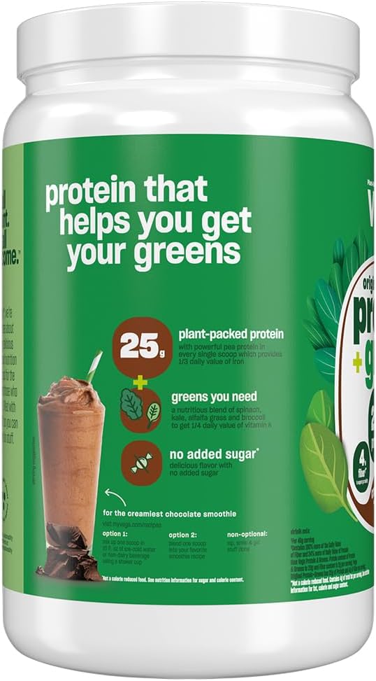 Vega Protein and Greens Protein Powder Chocolate - 20g Plant Based Protein Plus Veggies Vegan Non GMO Pea Protein for Women and Men 1.3 lbs