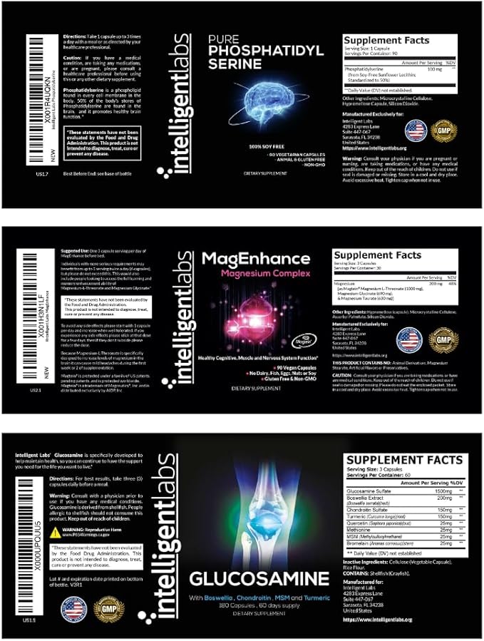 Intelligent Labs 3-in-1 Bundle of MagEnhance Magnesium Complex (Magtein® L-Threonate Glycinate Taurate) + Soy-Free Phosphatidylserine Supplement + Glucosamine Chondroitin MSM Complex for Joints