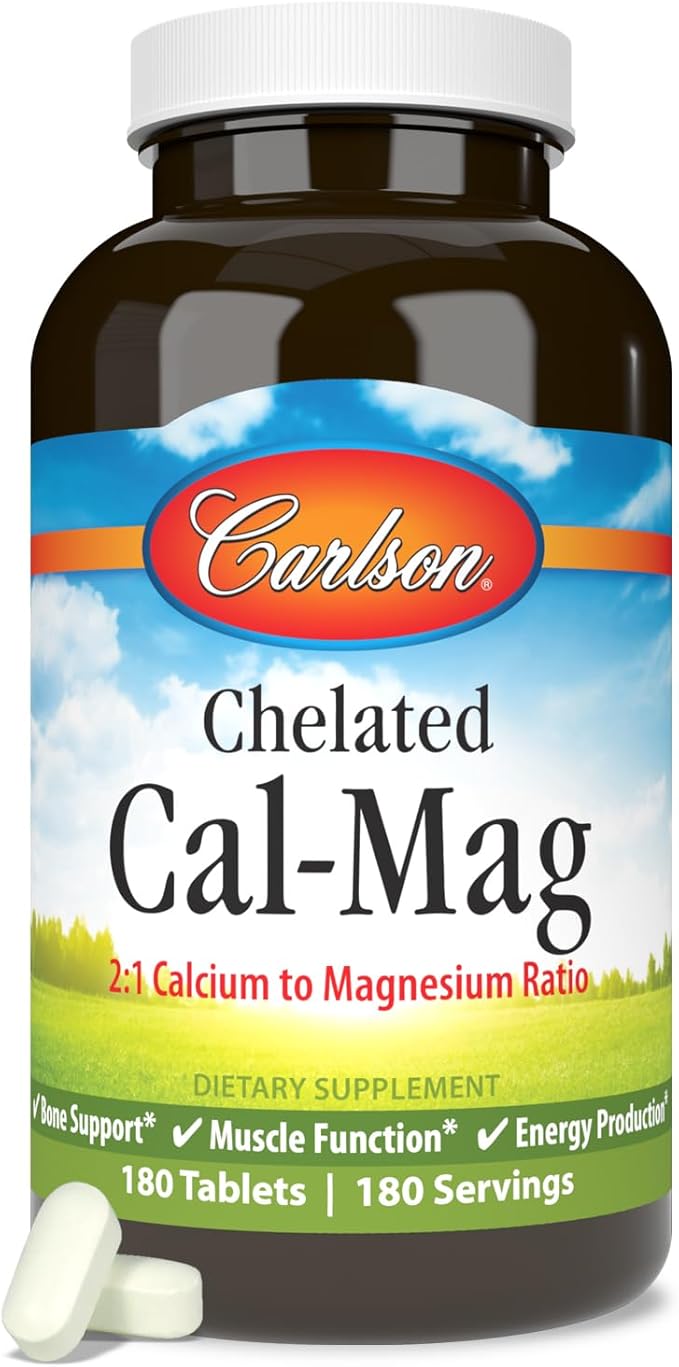 Carlson - Chelated Cal-Mag 2:1 Calcium to Magnesium Ratio Bone Support Muscle Function &amp Energy Production 180 Tablets