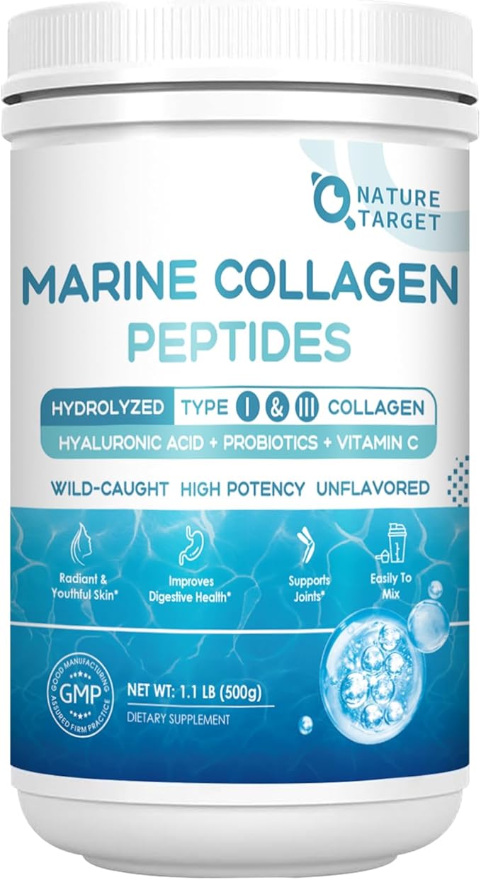 NATURE TARGET Marine Collagen Powder for Women - Multi Collagen Peptides with Hyaluronic Acid &amp Vitamin C for Hair Skin Nails &amp Joints - Wild-Caught Fish &amp Grass-Fed Bovine 50 Servings