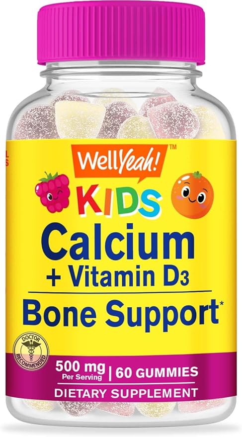 WellYeah Calcium 500mg + Vitamin D3 1000 IU (25 mcg) Gummies for Kids - Bone Health and Muscle Supprt Immune Support Gummy Non GMO Gluten Free Mix Fruit Flavors - 60 Gummies