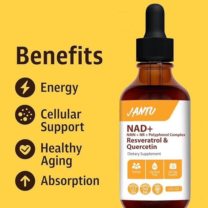 Jantu NAD+ Resveratrol and Quercetin Supplement 2 FL OZ Liquid Tincture with L-Ascorbic Acid 30-Day Supply Alcohol-Free Dietary Supplement