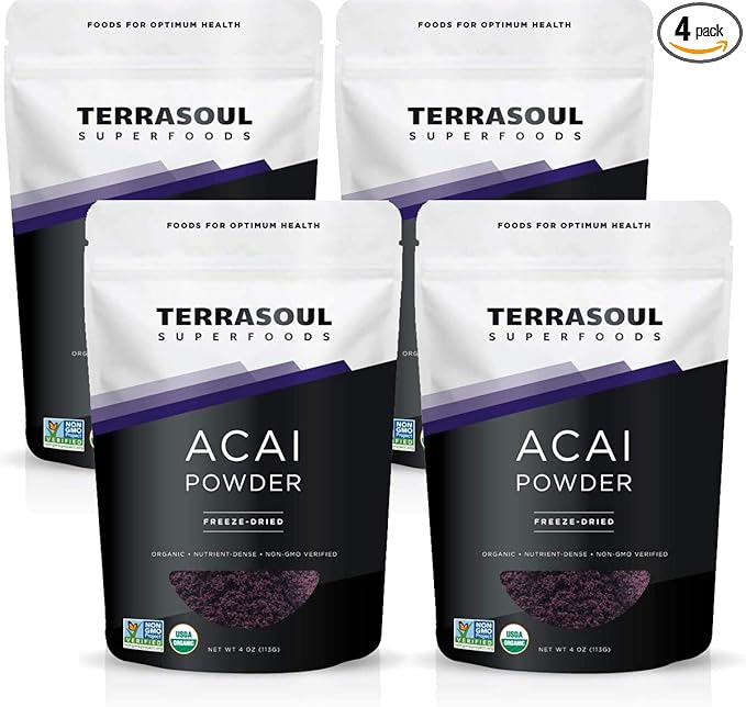 Terrasoul Superfoods Organic Acai Berry Powder 16 Oz (Pack of 4) Freeze-Dried for Freshness Omega Fats Boost for Smoothie Bowls and Antioxidant-Packed Superfoods Recipes