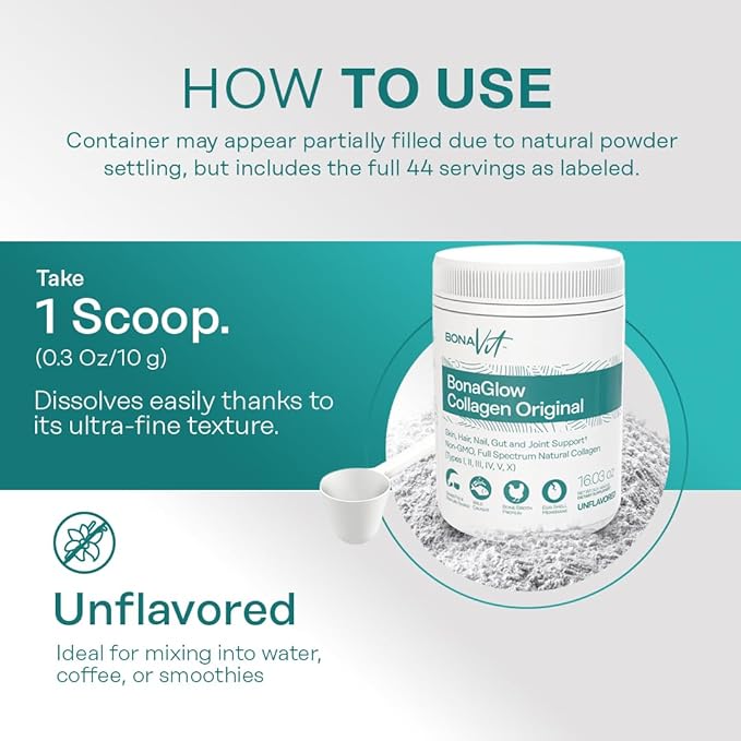 Multi Collagen Peptides - Types I II III IV V &amp X - Premium Hydrolyzed Collagen Powder for Women &amp Men - with Vitamin C Digestive Enzymes &amp Probiotics - 44 servings - BonaGlow Unflavo