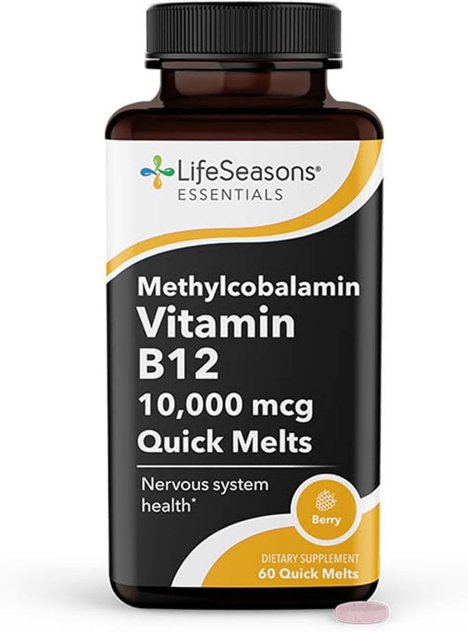 LifeSeasons Essentials Vitamin B12 10000 mcg Quick Melts – Methylcobalamin B12 for Energy Production &amp Nervous System Support – Berry Flavor – Fast-Dissolving Tablets – 60 Quick Melts