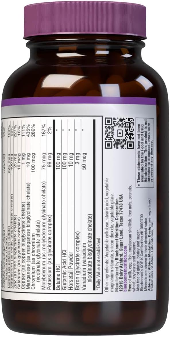Bluebonnet Nutrition High Potency Chelated Multiminerals (Iron-Free) Albion Chelated Minerals Soy-Free Gluten-Free Non-GMO Kosher Certified Dairy-Free 120 Caplets 40 Servings