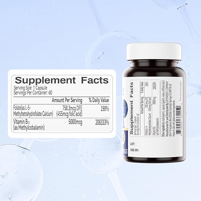 OxyEnergy Methyl Vitamin B12 5000mcg Extra Strength Methylcobalamin B-12 Supplements with Folate &amp Triple Magnesium Complex Supplement 3 in 1 Chelated Magnesium Capsules 300mg with Glycinate Mal