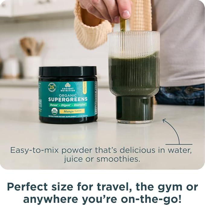 Ancient Nutrition Multi Collagen Protein Powder Unflavored 40 Servings + Organic Supergreens Powder Mango 12 Servings