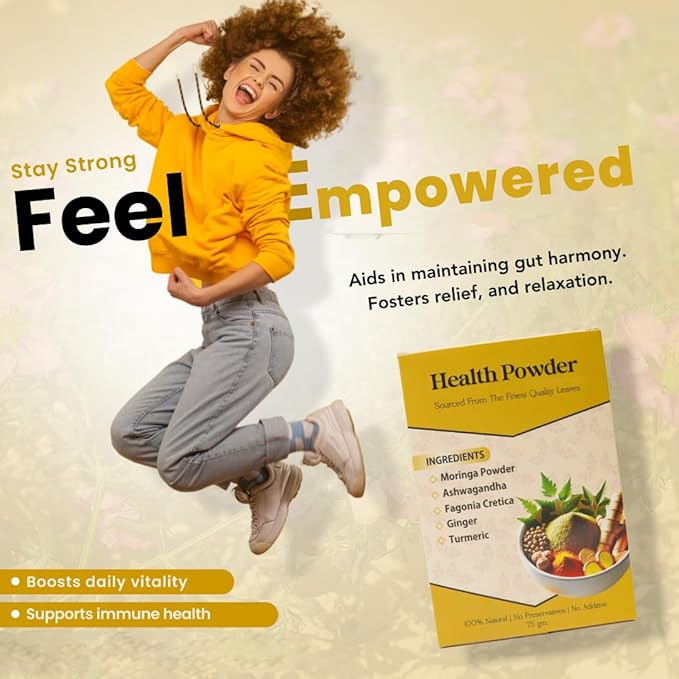MexiVida Health Powder - 75g - Superfoods Mix of Moringa Turmeric Ginger Ashwagandha &amp Fagonia Cretica – Herbal Powder to Encourage Healthy Overall Function – 100% Natural &amp Homemade