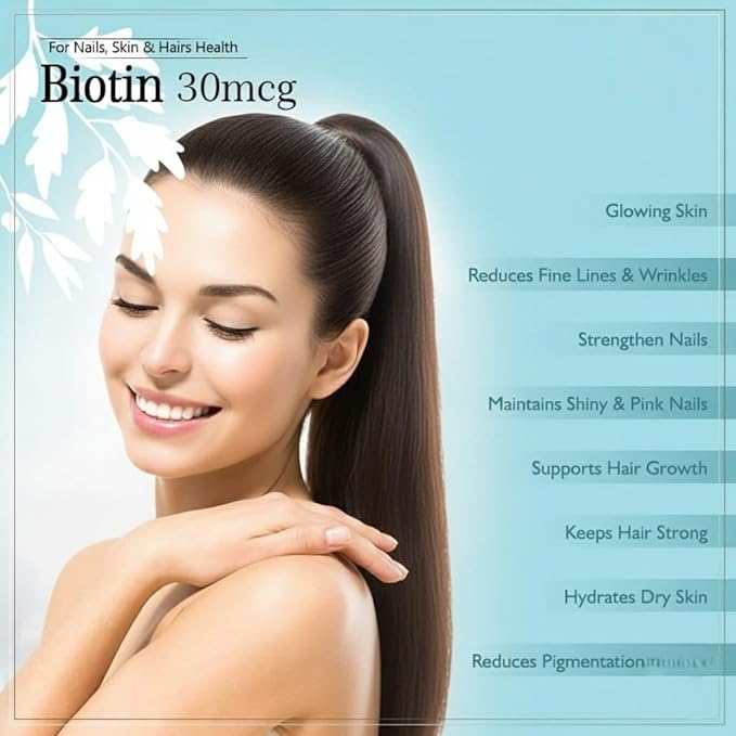 Biotin 30mcg Supplement for Hair Growth Strong Hair and Glowing Skin Fights Nail Brittleness 90 Tablets