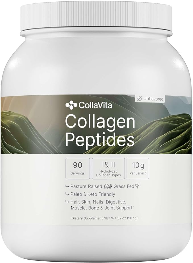 CollaVita Collagen Peptides Powder (3 Month Supply) Grass-Fed Pasture-Raised Hydrolyzed Collagen Powder Type I &amp III Hair Nails Skin &amp Joints Non-GMO Paleo &amp Keto Unflavored 32 oz.