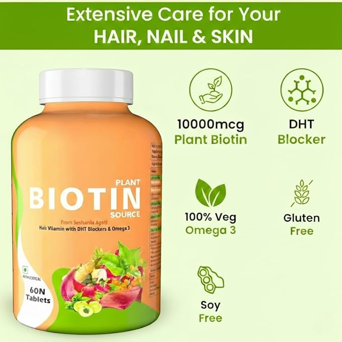 Plant Based Biotin Tablets with High Protein Vitamin DHT Omega 3 for Strong Hairs Nails Growth &amp Glowing Skin - 60 Tablets