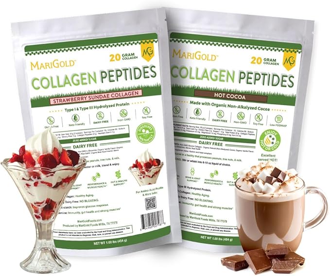 MariGold Hot Cocoa and Strawberry Sundae Collagen Bundle Grass-fed Type I &amp III Collagen Peptides