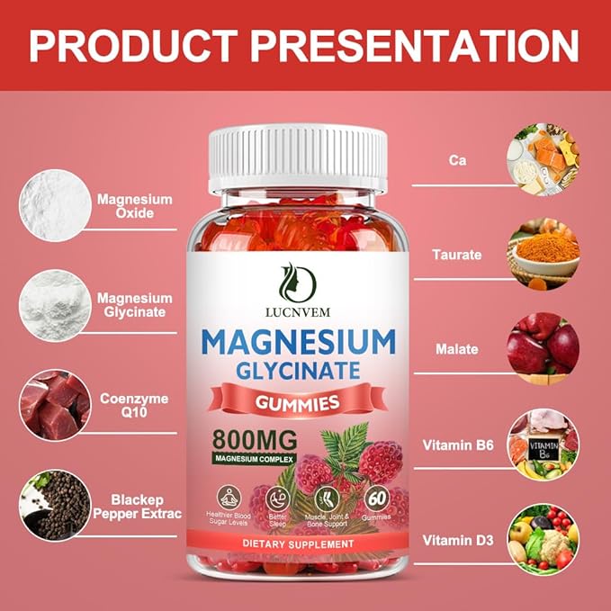 Sugar Free Magnesium Glycinate Gummies 500mg Magnesium Glycinate with 200mg Magnesium Malate Taurate Oxide COQ10 Vitamin B6 and D3 Sleep &amp Calm Support 60 Raspberry Gummies