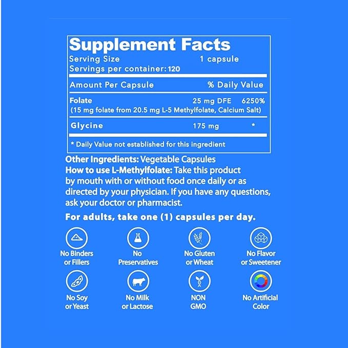 L-Methylfolate 15 MG 120 CAPSULESOptimized &amp Highly Bioactive Methyl Folate 5-MTHF Supplement for Mood and Immune Support Natural Diet Supplement for Energy Non-GMO &amp Gluten-Free