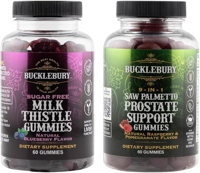 Sugar-Free Milk Thistle Gummies with Blueberry Flavor + Saw Palmetto 9-in-1 Gummies with Raspberry &amp Pomegranate – Vegan Non-GMO Supplement Bundle
