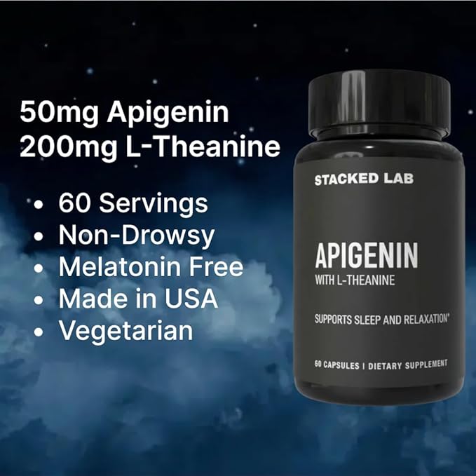 Apigenin with L-Theanine for Better Sleep | Premium Sleep Support Relaxation &amp Sleep Quality Aid | Non-Drowsy Melatonin Free | 60 Capsules