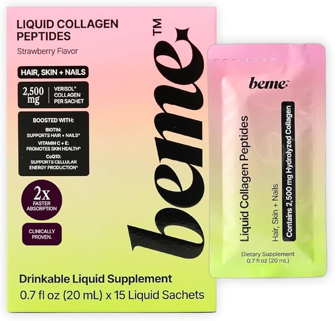 BeMe Liquid Collagen for Women — 2500mg Hydrolyzed Bovine Collagen Peptides Drink with Biotin &amp Vitamin C — Clinically Proven Collagen Supplement for Hair Skin &amp Nails — Strawberry 15 Sache