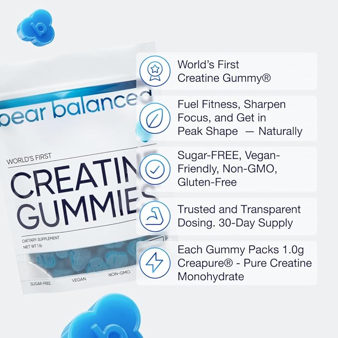 Bear Balanced Creatine Gummies for Men &amp Women - Creapure® Creatine Monohydrate L-Theanine L-Tyrosine &amp B12 for Muscle Growth Strength Focus Energy &amp Health - Low Calorie Sugar-Free