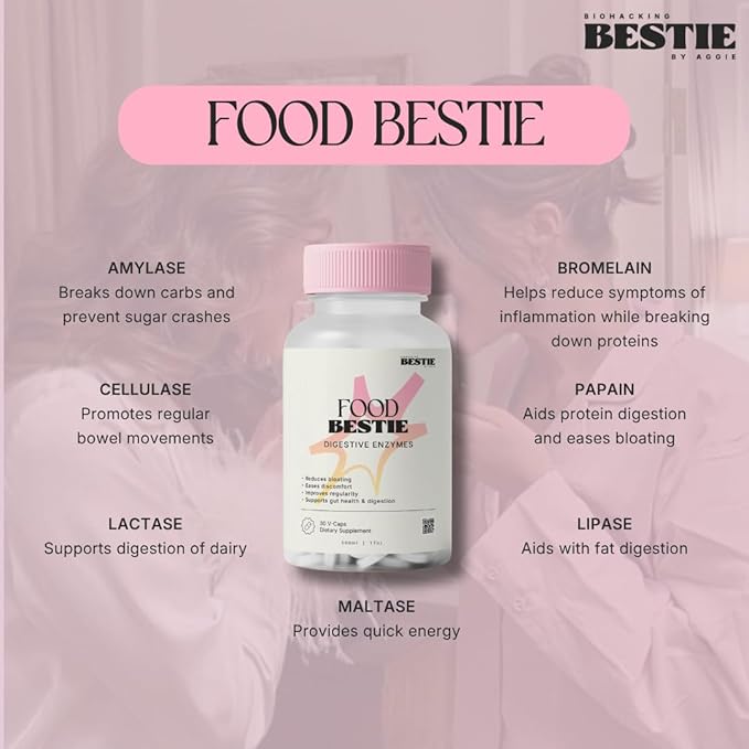 Food Bestie Supplement - Digestive Enzymes for Women &amp Men Natural Digestion &amp Bloating Support Promotes Gut Health Formulated with Bromelain &amp Lipase Gluten Free - 60 Capsules