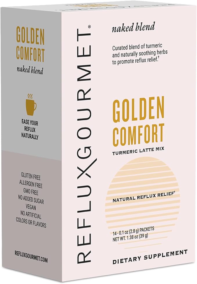 REFLUX GOURMET Golden Comfort Turmeric Latte Mix–Natural Reflux Relief Turmeric and Clinical Black Pepper Extract–Enhanced Absorption 95% Curcuminoids–Organic Ginger Cinnamon Cardamom Clove–14 ct