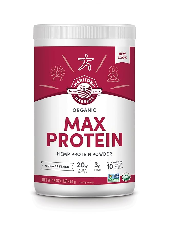 Manitoba Harvest Hemp Yeah Organic Max Protein Powder Unsweetened 16oz with 20g Protein and 4.5g Omegas 3&amp6 per Serving Keto-Friendly Preservative Free Non-GMO Packaging May Vary