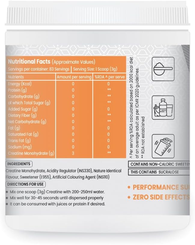 GLIMLACH Creatine Monohydrate | 83 Servings Per Container | Premium Micronized Creatine for Enhanced Strength Performance &amp Muscle Recovery (250 Gram Orange)
