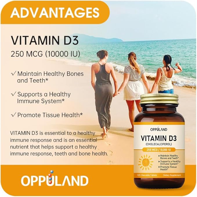 Vitamin D3 10000 IU (250 mcg) - CholecalciferolD3 Supplement Vitamin D 10000 IU - 120 Chewable Tablets