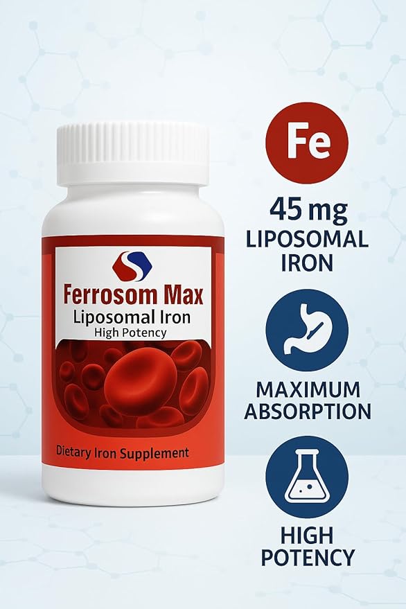 Max Liposomal Iron Supplement 60 Capsules (45mg Pure Elemental Iron) by Siba Pharm | Maximum Absorption Formula | Non GMO Vegan Premium Quality | Helps New Blood Cell Production.