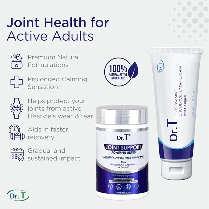 Dr. T Joint Health Bundle: Glucosamine/Chondroitin MSM Cream with Collagen + Joint Support Supplement | Athlete-Grade Joint &amp Muscle Relief | Non-GMO Gluten-Free Made in USA