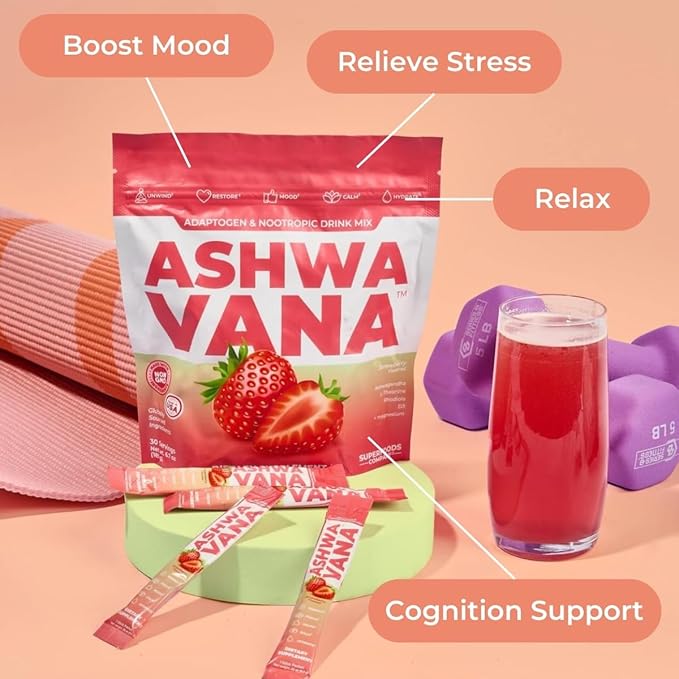 ASHWAVANA Zen Relax Drink Mix - Nootropic Adaptogen-Infused Ashwagandha Beverage - Rhodiola Magnesium L-Theanine - Restore &amp Unwind - Alcohol Alternative - Strawberry Flavor - 30 Count (Pack of