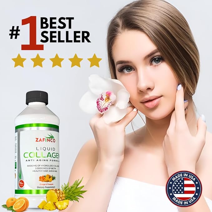 Liquid Collagen for Women &amp Men-Pine'O'Range Flavored Premium Grade 10000 mcg Biotin+8000 mg of Hydrolyzed Collagen for Radiant Skin GlowAnti-AgingHair Growth &amp Nice Nails.16 fl oz-Made in U