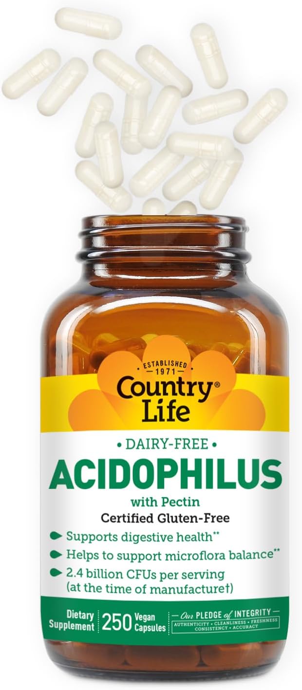 Country Life Acidophilus Probiotic Supplement for Women &amp Men - Free from Common Allergens - 2.4 Billion CFUs to Support Digestive Health - Dairy-Free Non-GMO 250 Vegan Capsules