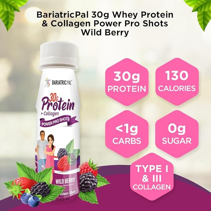 BariatricPal 30g Whey Protein &amp Collagen Power Pro Shots - Wild Berry (12 Bottles)