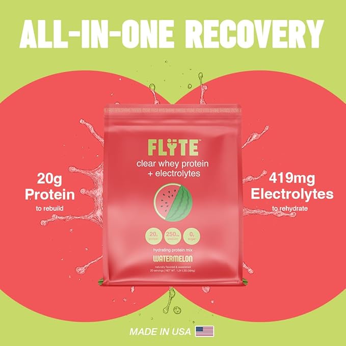 FLYTE Clear Whey Isolate Protein Powder Watermelon Flavor | 20g Grass-Fed Whey Isolate + Electrolytes | No Added Sugar Gluten-Free 20 Servings