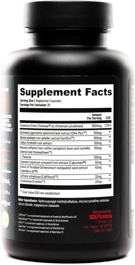 Sculpt Nation by V Shred - Daytime Metabolism Support with Chromium Symnema Leaf Extract and Alpinia Galanga Root Powder Extract - 60 Natural Veggie Pills - 2 Pack