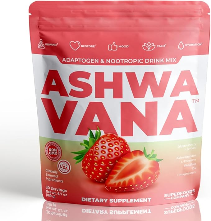 ASHWAVANA Zen Relax Drink Mix - Nootropic Adaptogen-Infused Ashwagandha Beverage - Rhodiola Magnesium L-Theanine - Restore &amp Unwind - Alcohol Alternative - Strawberry Flavor - 30 Count (Pack of