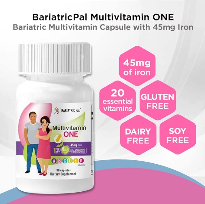 BariatricPal 30-Day Bariatric Vitamin Bundle (Multivitamin ONE 1 per Day! with 45mg Iron Capsule and Calcium Citrate Soft Chews 500mg with Probiotics - Wild Grape)