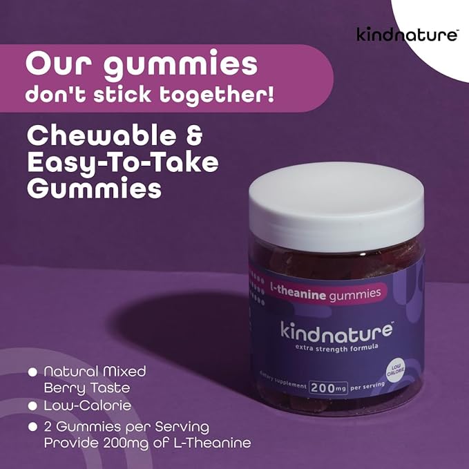 kindnature L-Theanine Gummies 200mg – Calm &amp Focus Supplement for Adults &amp Kids Ages 4+ – Stress Support Mental Clarity &amp Non-Drowsy Relaxation – Vegan Mixed Berry Non-GMO