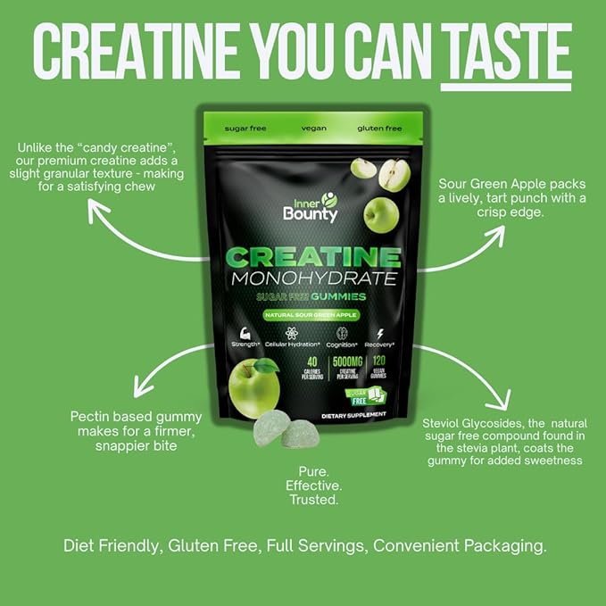 Sugar Free Creatine Monohydrate Gummies 5g Natural Sour Green Apple - 120 Vegan Chews for Men and Women. Cognition and Muscle Support Cellular Energy - Non-GMO &amp Gluten-Free