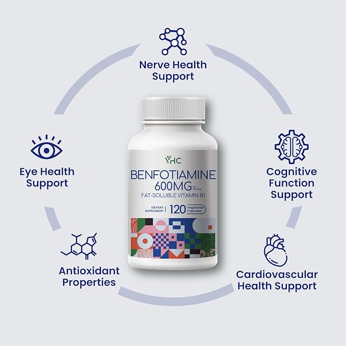 VHC Vitamin B1 Benfotiamine 600mg Supplement- 5X Time Fat-Soluble Thiamine Vitamin B1- Max Boost Bioavailable Thiamine B1 Levels Veggie CapsulesNon-GMO Soy Free- Made in USA (120 Counts)