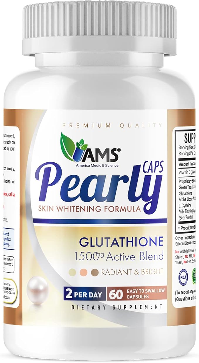 America Medic &amp Science Pearly Caps (60 Capsules) | 1500 mg Glutathione Supplement for Men and Women | Anti-Aging and Skin Lightening Pills | with Vitamin C L-Cysteine and Alpha Lipoic Acid