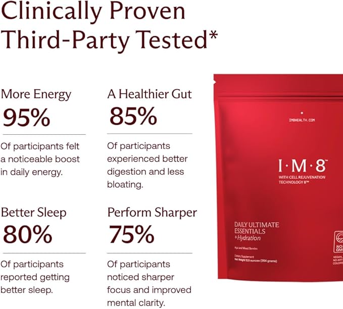 IM8 Daily Ultimate Essentials All-in-One Multivitamin Supplement Powder Bag 92 Nutrient Rich Ingredients CoQ10 Probiotics Vitamins Greens Gluten Free Vegan Acai Mixed Berry 12.5oz 30 Servings