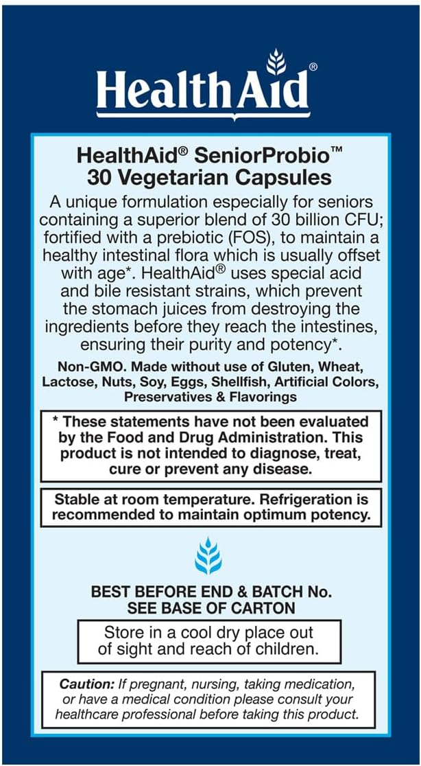 SeniorProbio – Once-Daily Probiotic with Prebiotic Fiber | 30 Billion CFU Acid &amp Bile Resistant Strains | 30 Vegetarian Capsules | Lactose Gluten &amp GMO-Free