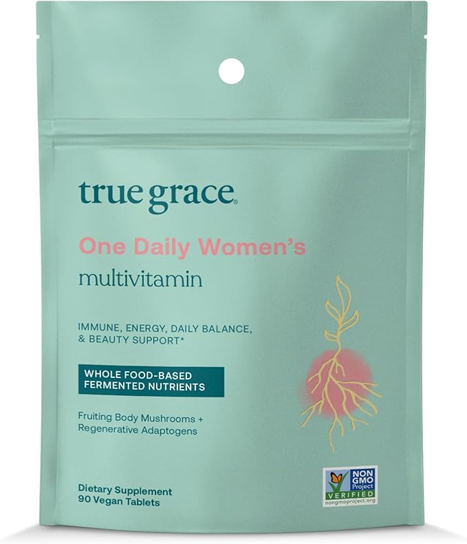 True Grace One Daily Women’s Multivitamin Fermented Minerals Organic Adaptogens &amp Mushrooms Whole Body Balance Immune Energy Beauty Support - Non-GMO Gluten Free Soy Free - 90 Vegan Tablets