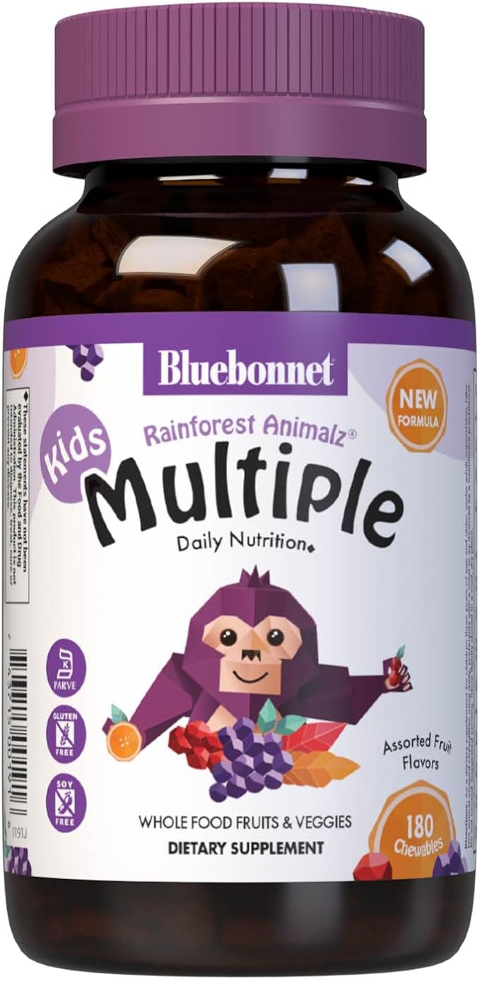 Bluebonnet Nutrition Rainforest Animalz Whole Food Based Multiple Chewable Tablet Kids Multivitamin &amp Mineral Vitamin C D3 Iron Gluten Free Milk Free Kosher 180 Chewable Tablets Mixed Fla