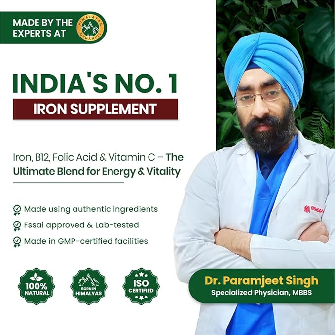 HIMALAYAN ORGANICS Organics Plant Based Iron Supplement with Folate | Improved Hemoglobin &amp Oxygen Capacity | Stomach Friendly | Boost Energy (90 Capsules)