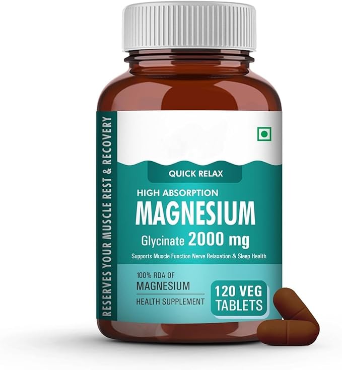Magnesium Glycinate Supplement 2000mg Per Serving High Absorption Chelated Form Helpful in Muscle &amp Nerve Relaxation for Men &amp Women- 120 Veg Tablets