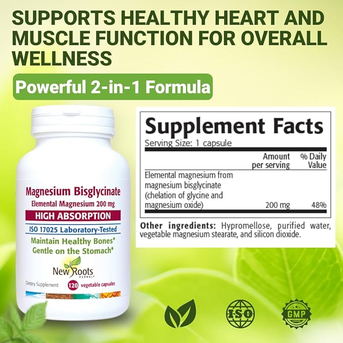 New Roots Herbal Magnesium Bisglycinate 120 Capsules 120-Day Supply - 200mg Elemental Magnesium for Sleep Heart Muscle Function Electrolyte Balance and Bone Health - Gentle on Stomach - Non-GMO